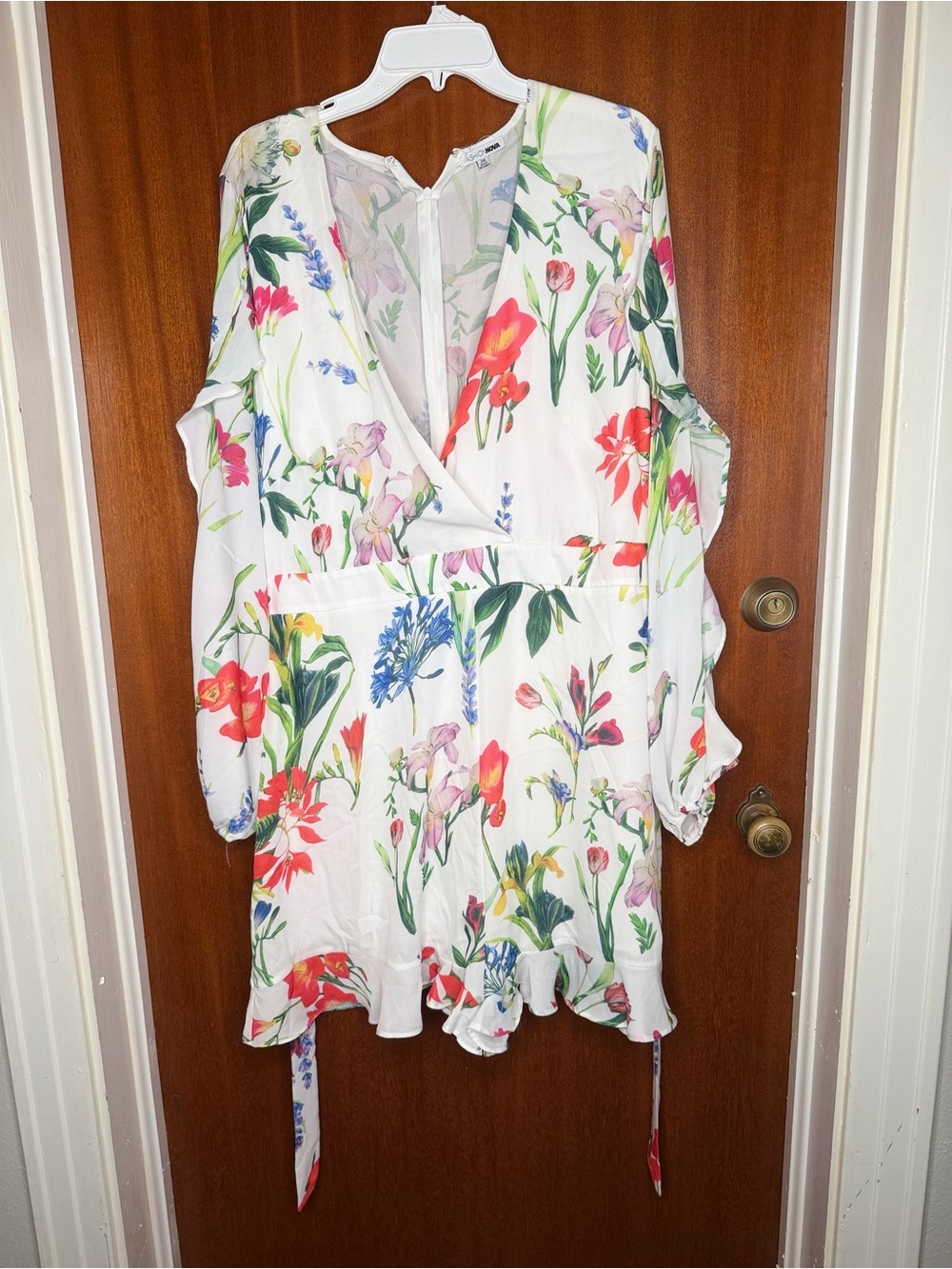 Fashion Nova White Floral Wrap Romper with Multicolor Blooms
